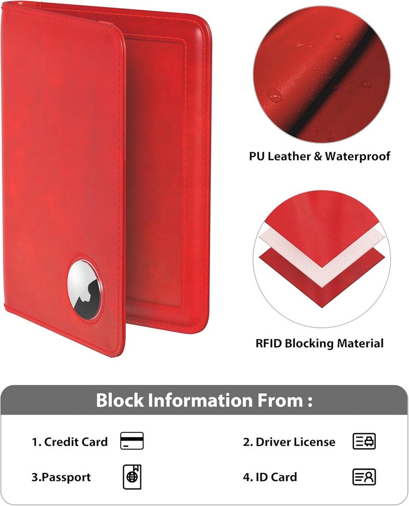 Stouchi AirTag Passport Holder, Simple Passport Holder with Airtag Slot, RFID Passport Wallet Cover for Women, Family Leather Passport Protector Case, Anti-Lost Travel Accessories, Red - Image 5